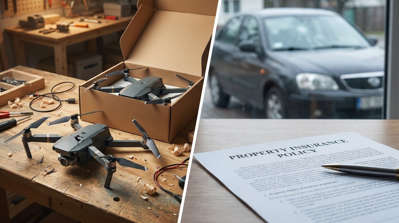 Divas puses: salauzts drons uz galda blakus rezerves dronam kastē vienā pusē, apdrošināšanas polises dokuments un ieplīsis automašīnas vējstikls otrā.